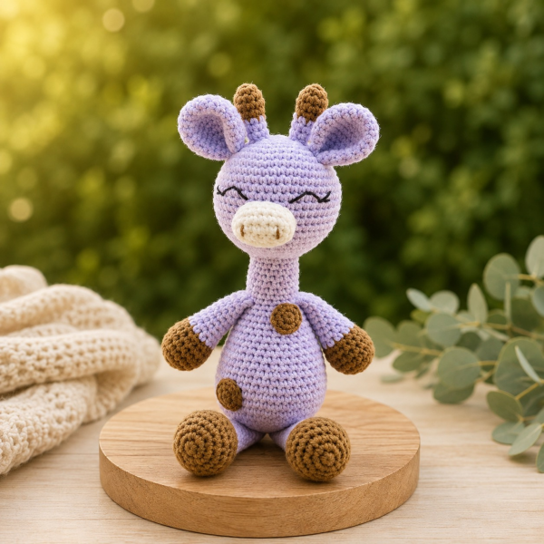 25 cm El Örgüsü Zürafa Uyku Arkadaşı – Organik Pamuk  Amigurumi Lila