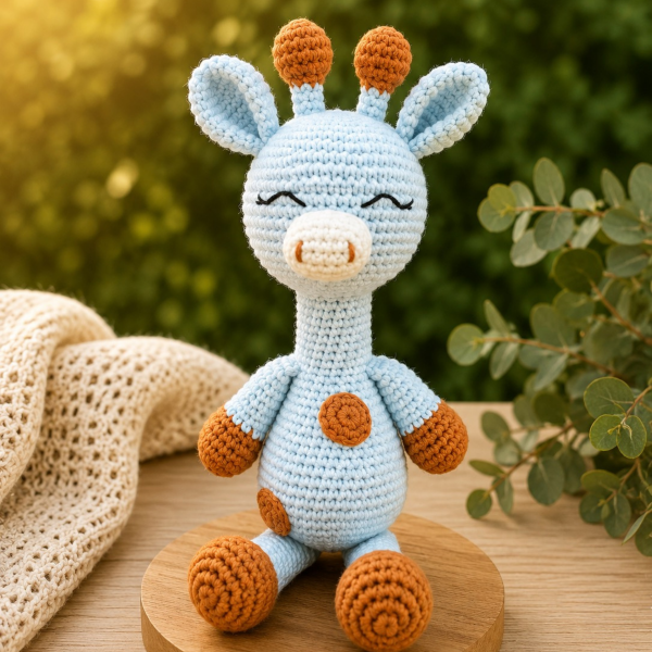 25 cm El Örgüsü Zürafa Uyku Arkadaşı – Organik Pamuk  Amigurumi Bebe Mavisi