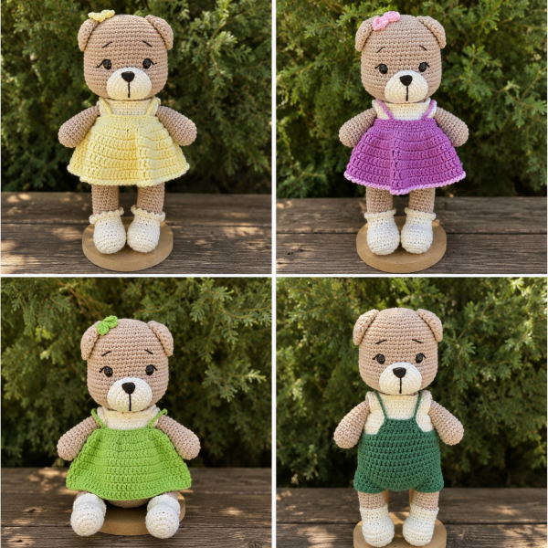 Elbiseli Organik Pamuk Ayıcık Amigurumi Oyuncak – 25 cm