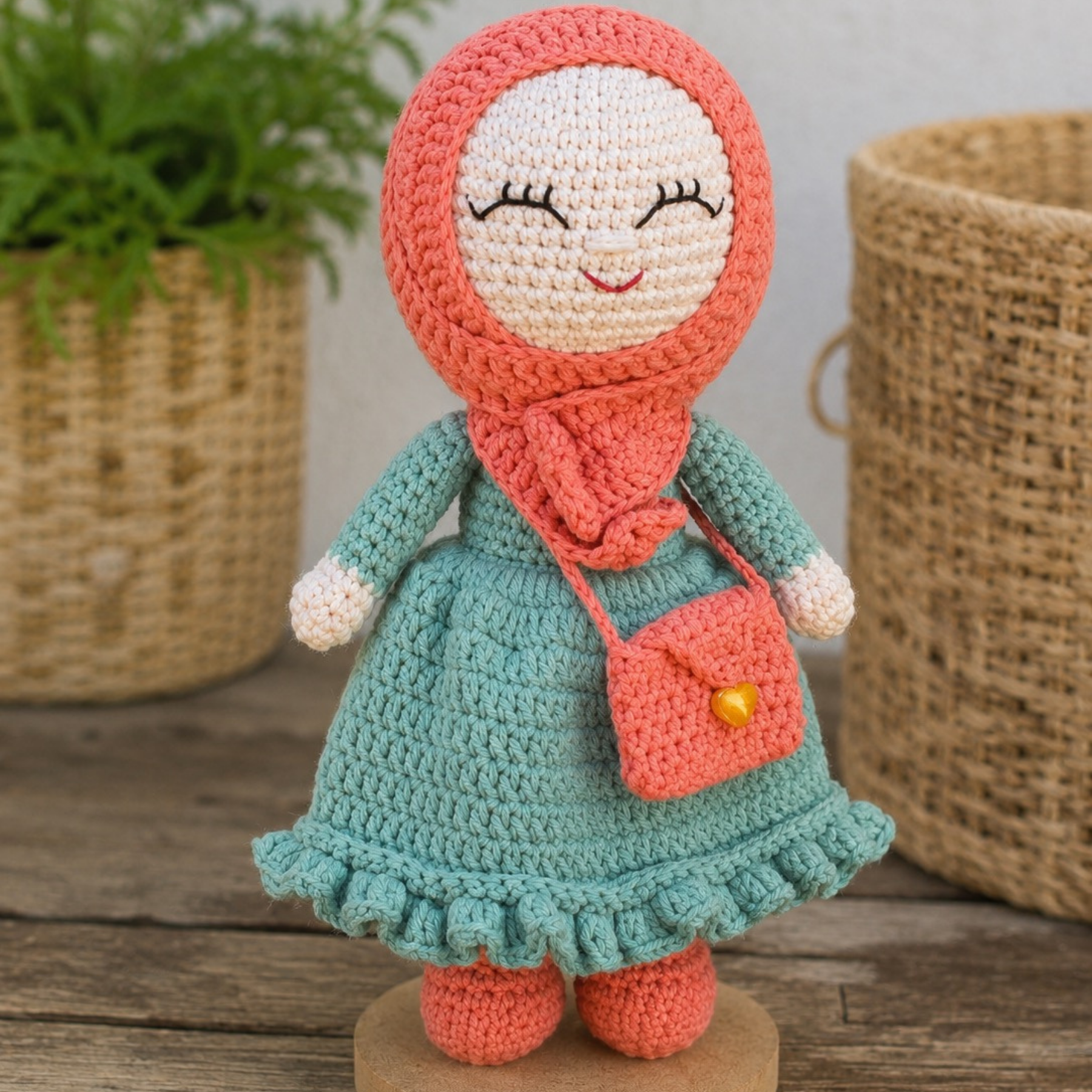 Uzun Elbiseli, Çantalı ve Başörtülü Organik Pamuk Örgü Bebek – 22 cm