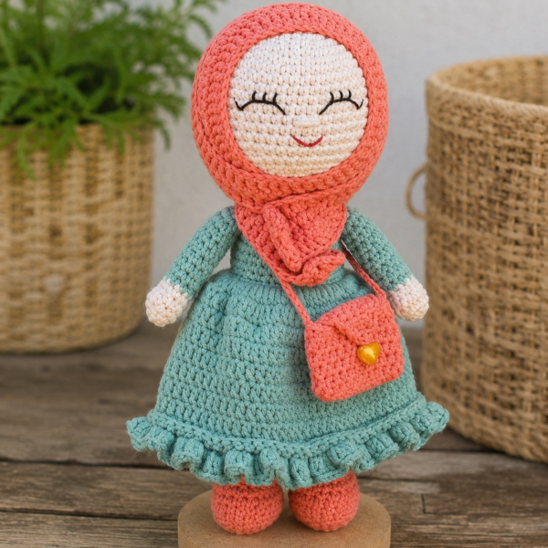 Uzun Elbiseli, Çantalı ve Başörtülü Organik Pamuk Örgü Bebek – 22 cm