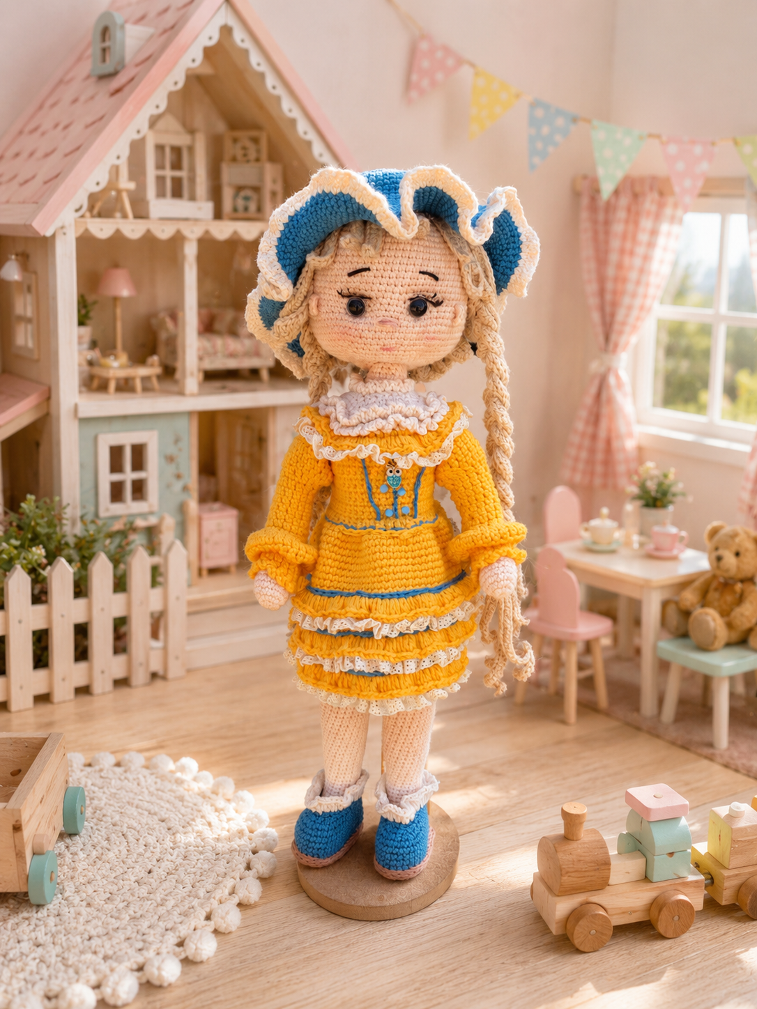 45 cm Organik Pamuk Vintage Amigurumi Bebek – Çıkarılabilir Elbise, Şapka ve Botlar