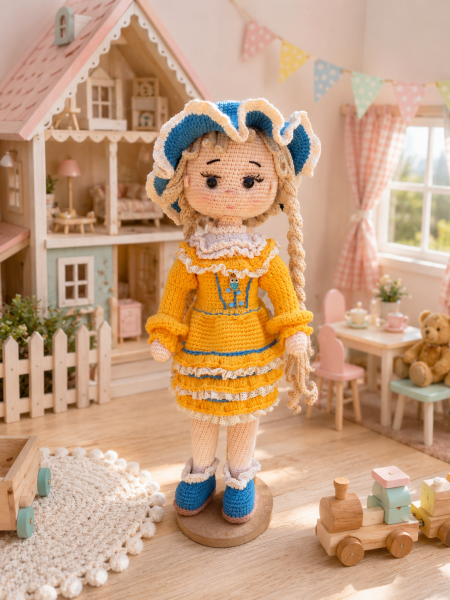 45 cm Organik Pamuk Vintage Amigurumi Bebek – Çıkarılabilir Elbise, Şapka ve Botlar