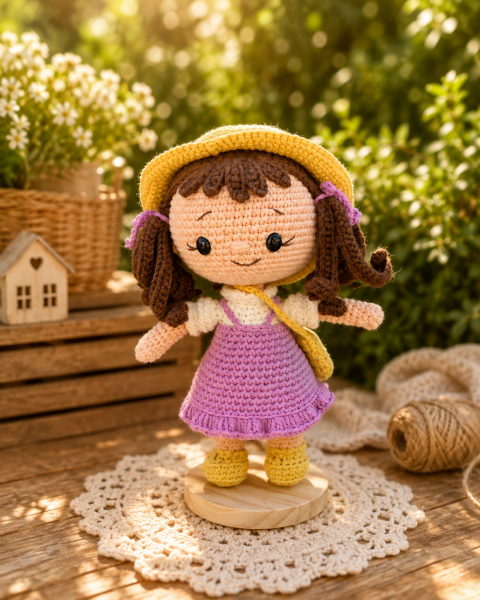 Organik Pamuk Amigurumi Bebek – Elbiseli, Şapkalı ve Çantalı 20 cm