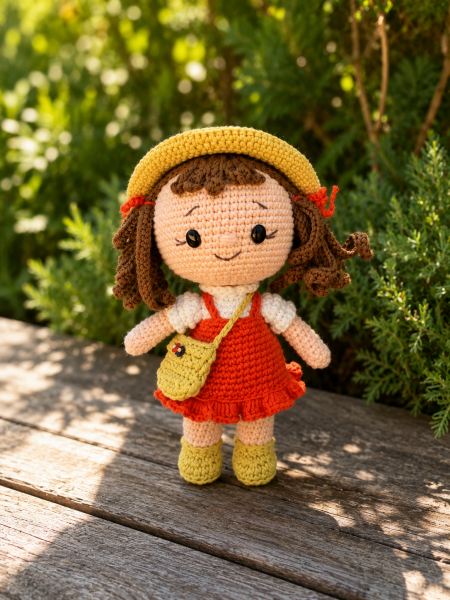 Organik Pamuk Amigurumi Bebek – Elbiseli, Şapkalı ve Çantalı 20 cm