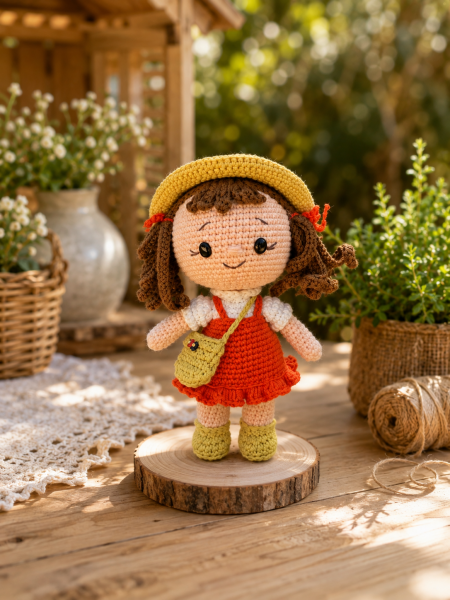 Organik Pamuk Amigurumi Bebek – Elbiseli, Şapkalı ve Çantalı 20 cm