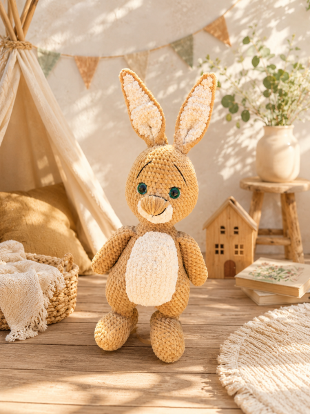 El Yapımı Amigurumi Kadife İp Uzun Kulaklı Ceketli Tavşan Oyuncak 52 cm