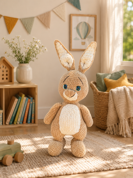 El Yapımı Amigurumi Kadife İp Uzun Kulaklı Ceketli Tavşan Oyuncak 52 cm