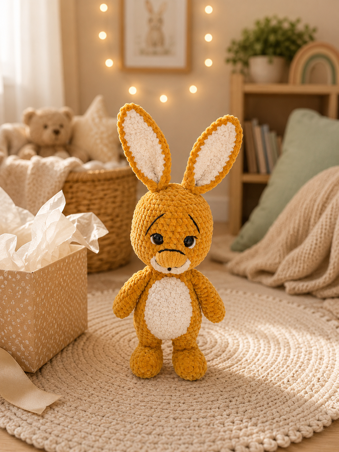 El Yapımı Amigurumi Kadife İp Uzun Kulaklı Ceketli Tavşan Oyuncak 37 cm