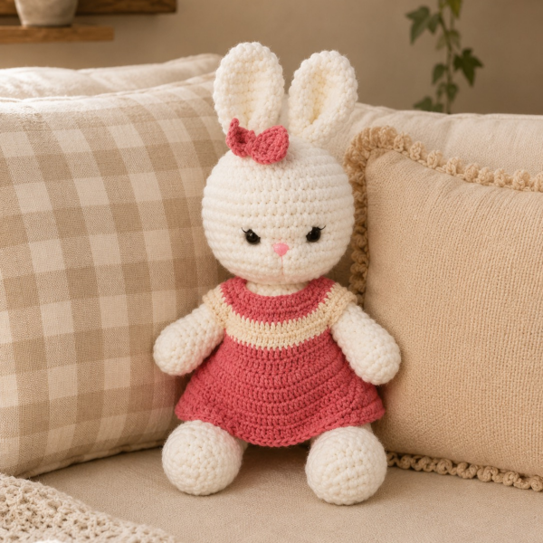 El Yapımı Amigurumi Kadife İp Uzun Kulaklı Ceketli Tavşan Oyuncak 37 cm
