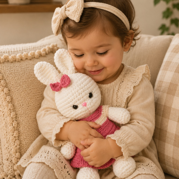 El Yapımı Amigurumi Kadife İp Uzun Kulaklı Ceketli Tavşan Oyuncak 37 cm