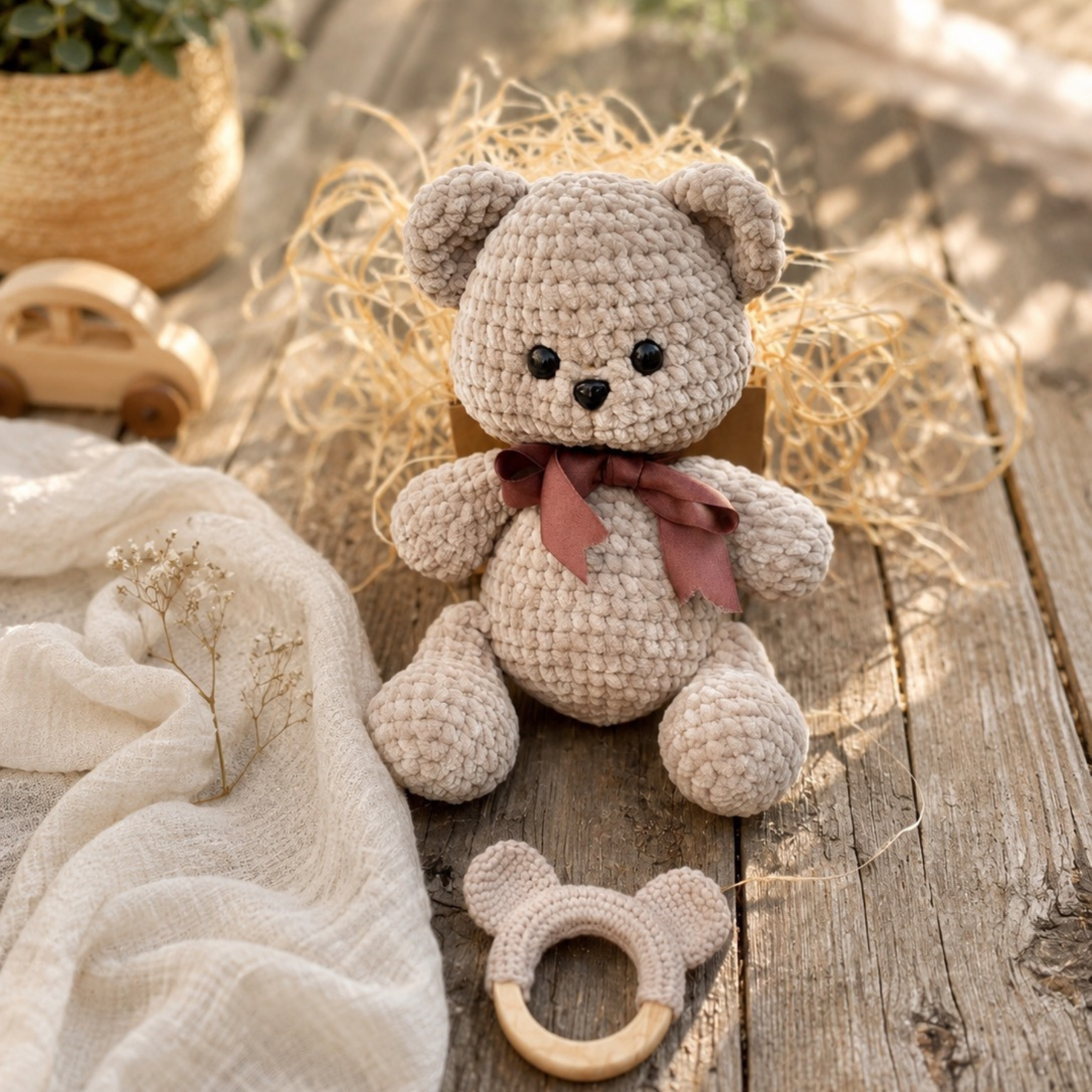 30 cm Kadife İp Amigurumi Ayıcık – El Yapımı Oyun Arkadaşı