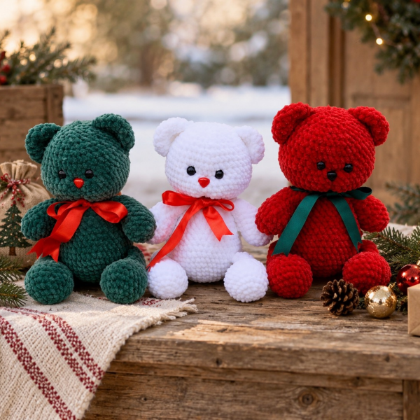 30 cm Kadife İp Amigurumi Ayıcık – El Yapımı Yılbaşı Temalı Oyun Arkadaşı