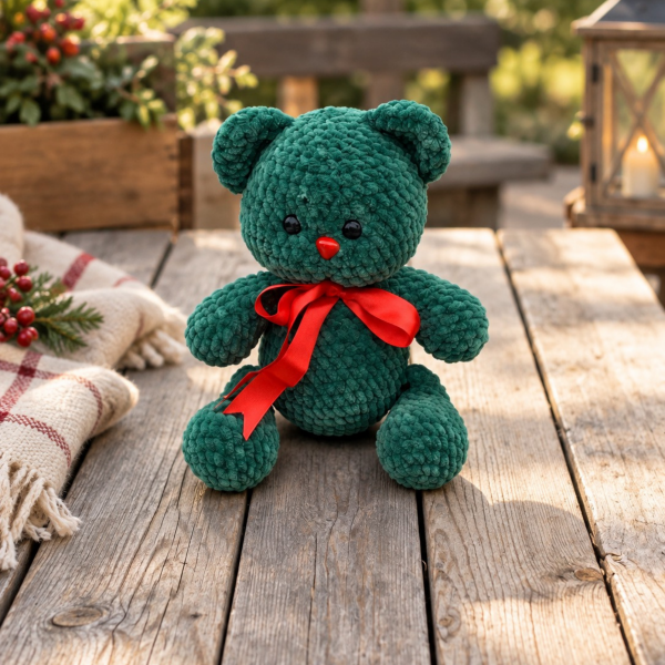 30 cm Kadife İp Amigurumi Ayıcık – El Yapımı Yılbaşı Temalı Oyun Arkadaşı