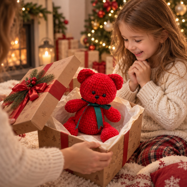 30 cm Kadife İp Amigurumi Ayıcık – El Yapımı Yılbaşı Temalı Oyun Arkadaşı