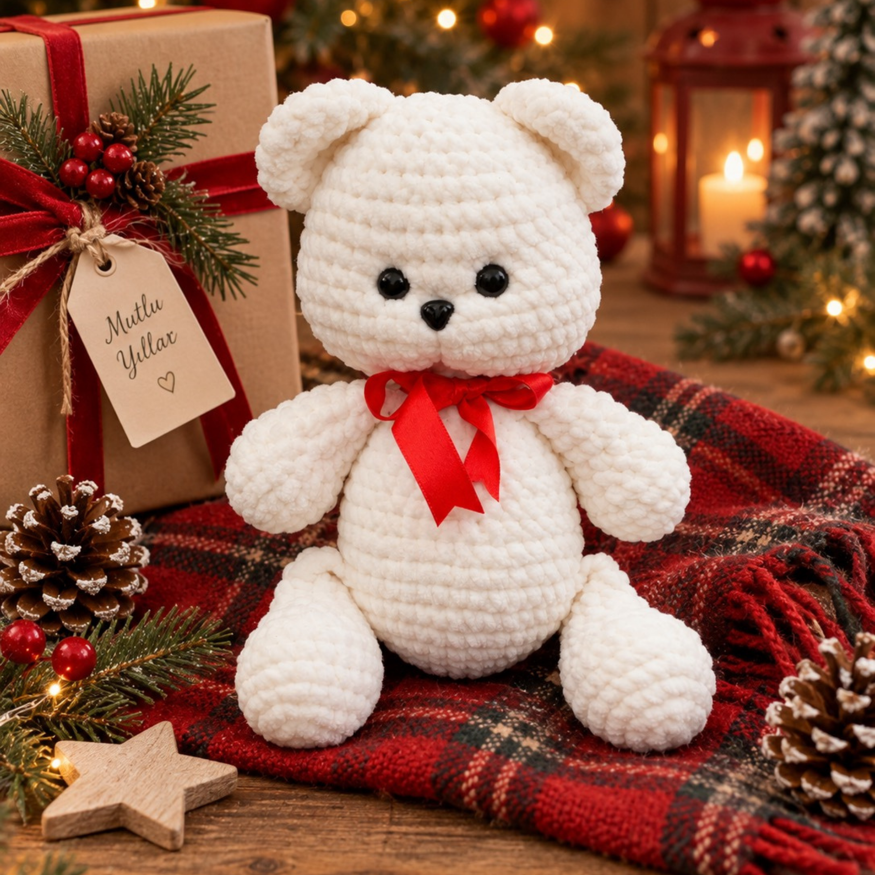 30 cm Kadife İp Amigurumi Ayıcık – El Yapımı Yılbaşı Temalı Oyun Arkadaşı