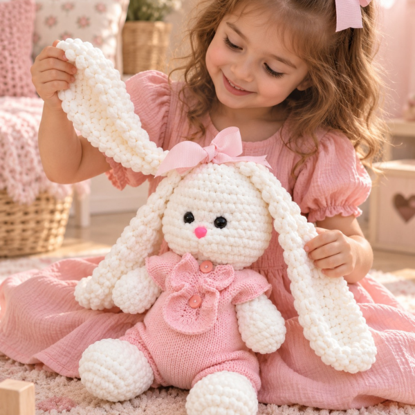 Tulumlu Uzun Kulaklı El Yapımı Amigurumi Tavşan – 30 cm