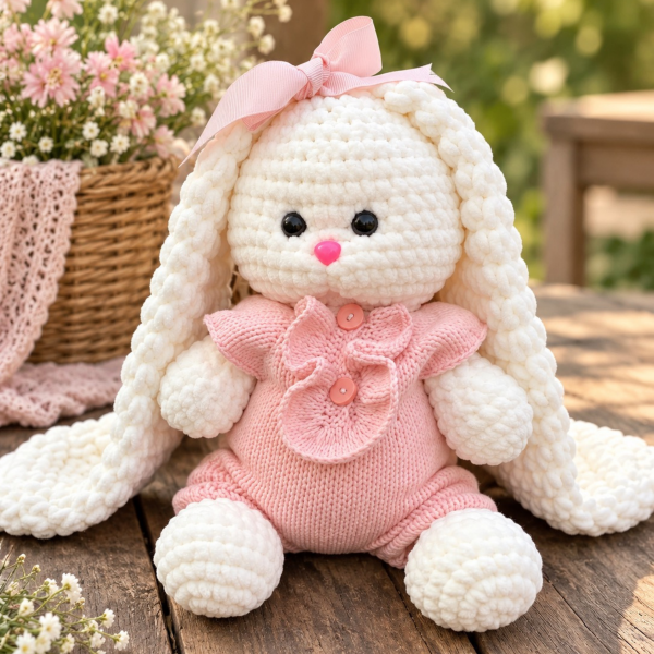 Tulumlu Uzun Kulaklı El Yapımı Amigurumi Tavşan – 30 cm