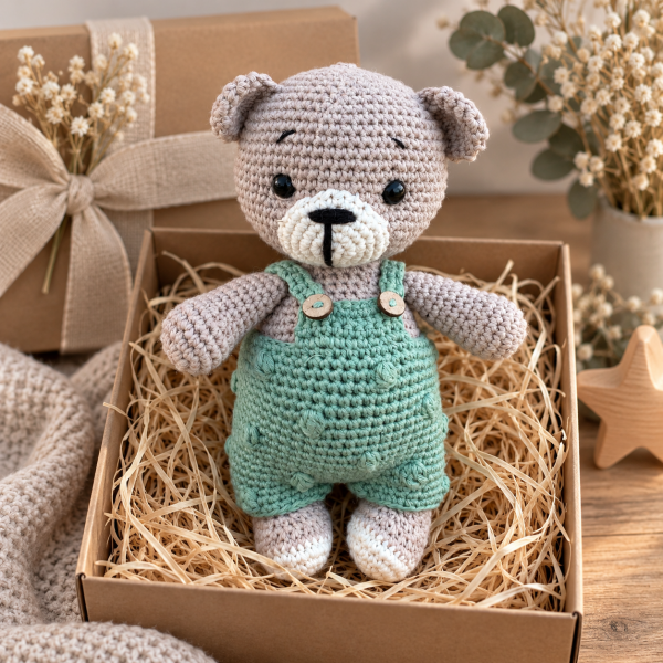 Tulumlu Organik Pamuk Ayıcık Amigurumi Oyuncak – 15 cm