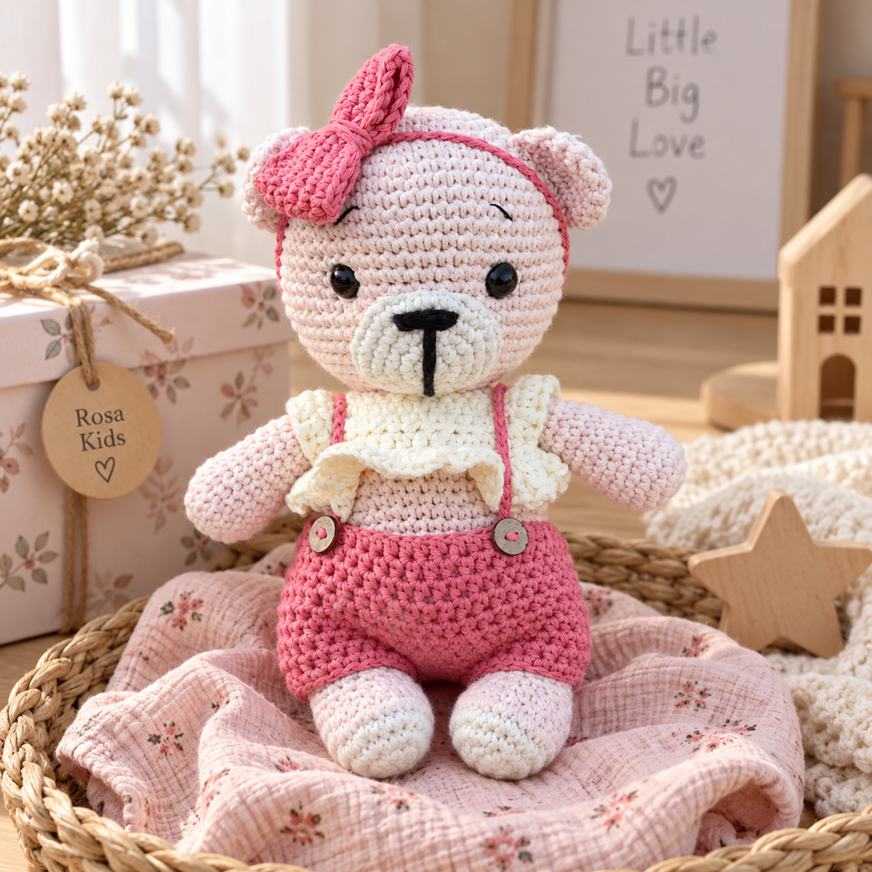 Tulumlu Organik Pamuk Ayıcık Amigurumi Oyuncak – 15 cm