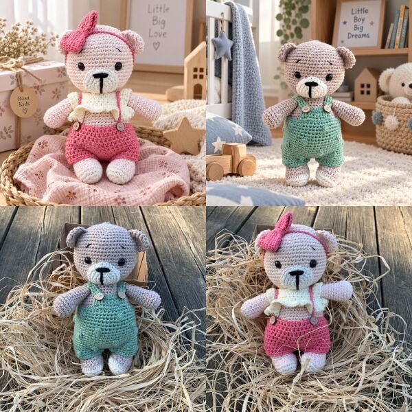 Tulumlu Organik Pamuk Ayıcık Amigurumi Oyuncak – 15 cm