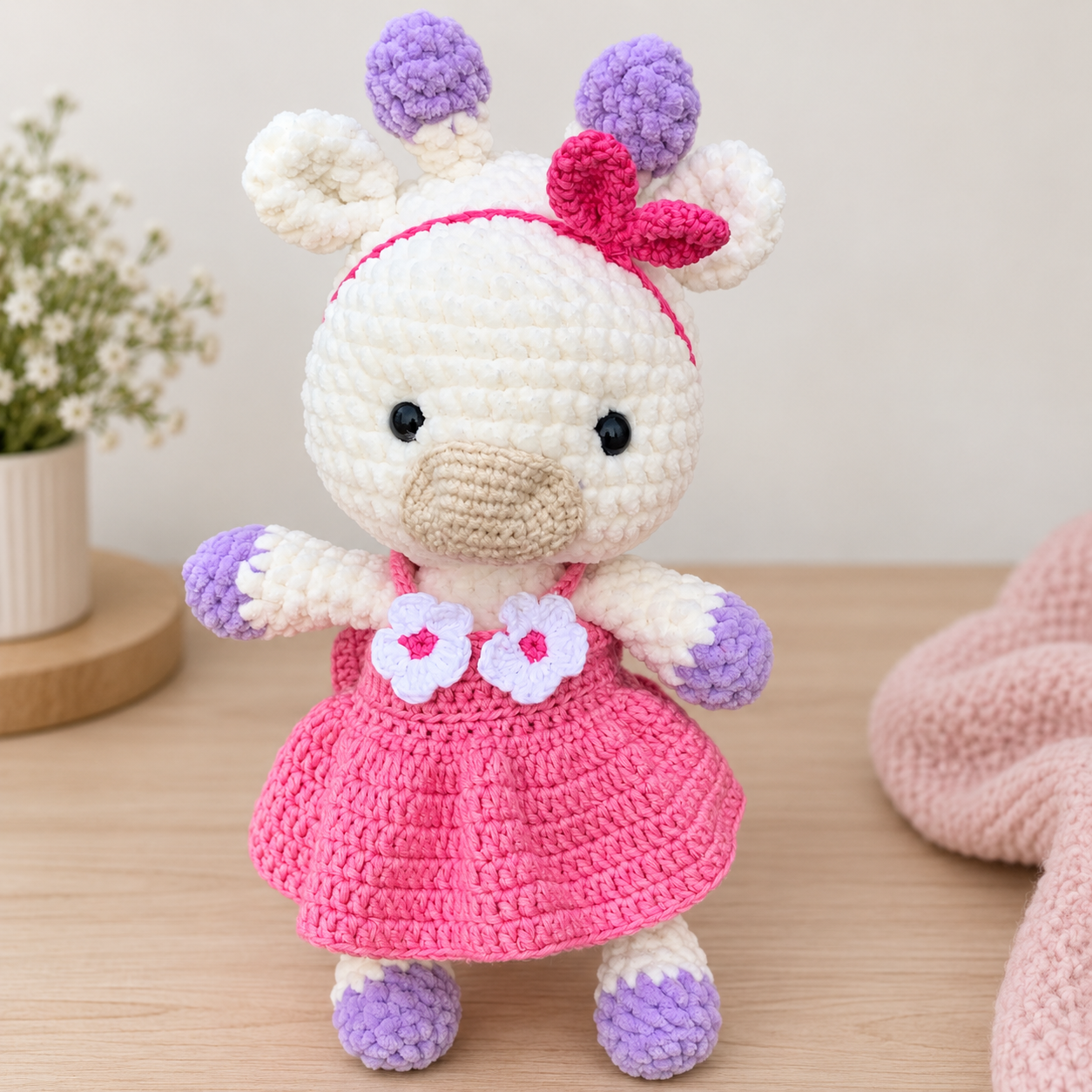 El Yapımı Kadife Oyun Arkadaşı Zürafa – Pembe Elbiseli 28 cm