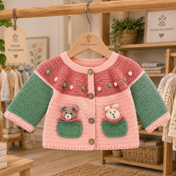 Organik Pamuk Üç Renkli El Yapımı Çocuk Hırkası – Amigurumi Ayıcık ve Tavşan Detaylı