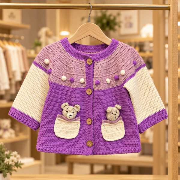Organik Pamuk Üç Renkli El Yapımı Çocuk Hırkası – Amigurumi Ayıcık ve Tavşan Detaylı