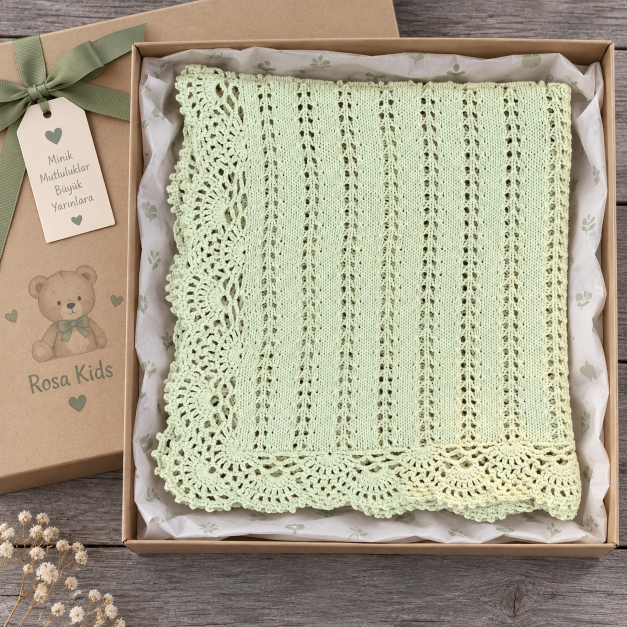Organik Pamuk Ajur Kenarlı El Örgüsü Bebek Battaniyesi – 90x90 cm