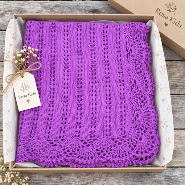 Organik Pamuk Ajur Kenarlı El Örgüsü Bebek Battaniyesi – 90x90 cm