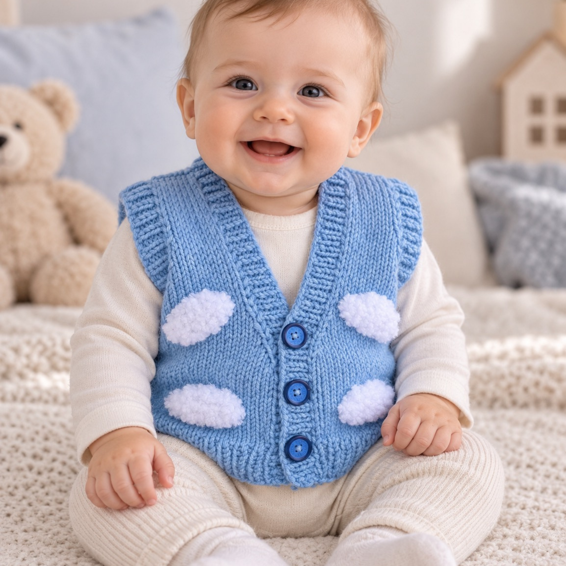 El Örgüsü Yün Karışımlı Bulut Detaylı Erkek Bebek Yeleği