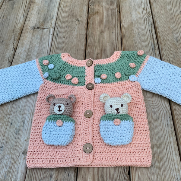 El Örgüsü  Organik Pamuk Yavru Ağzı Minik Ayıcıklı Hırka