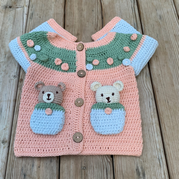 El Örgüsü  Organik Pamuk Yavru Ağzı Minik Ayıcıklı Hırka