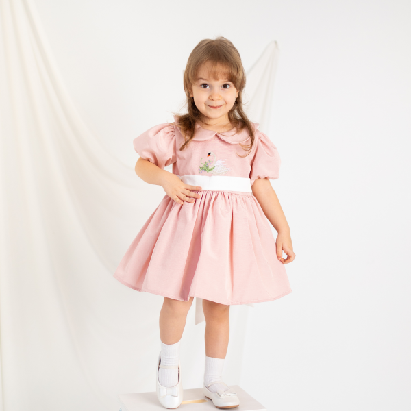 Kuğu İşlemeli Elbise, Kız Çocuk Özel Gün Kıyafeti,   Doğum Günü Elbisesi, , Kabarık Pembe Elbise