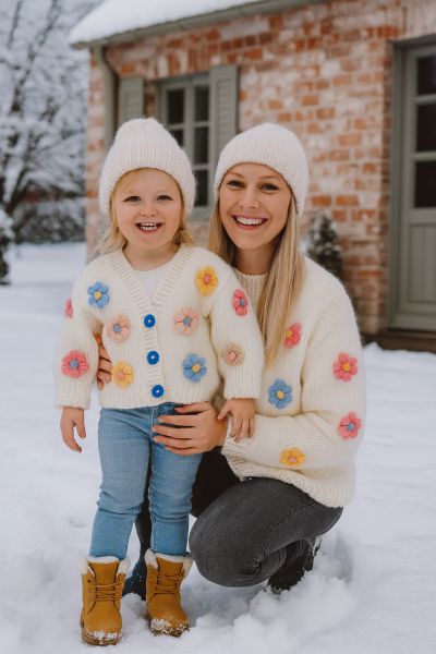 Çiçek Desenli Örgü Kız Çocuk Hırka