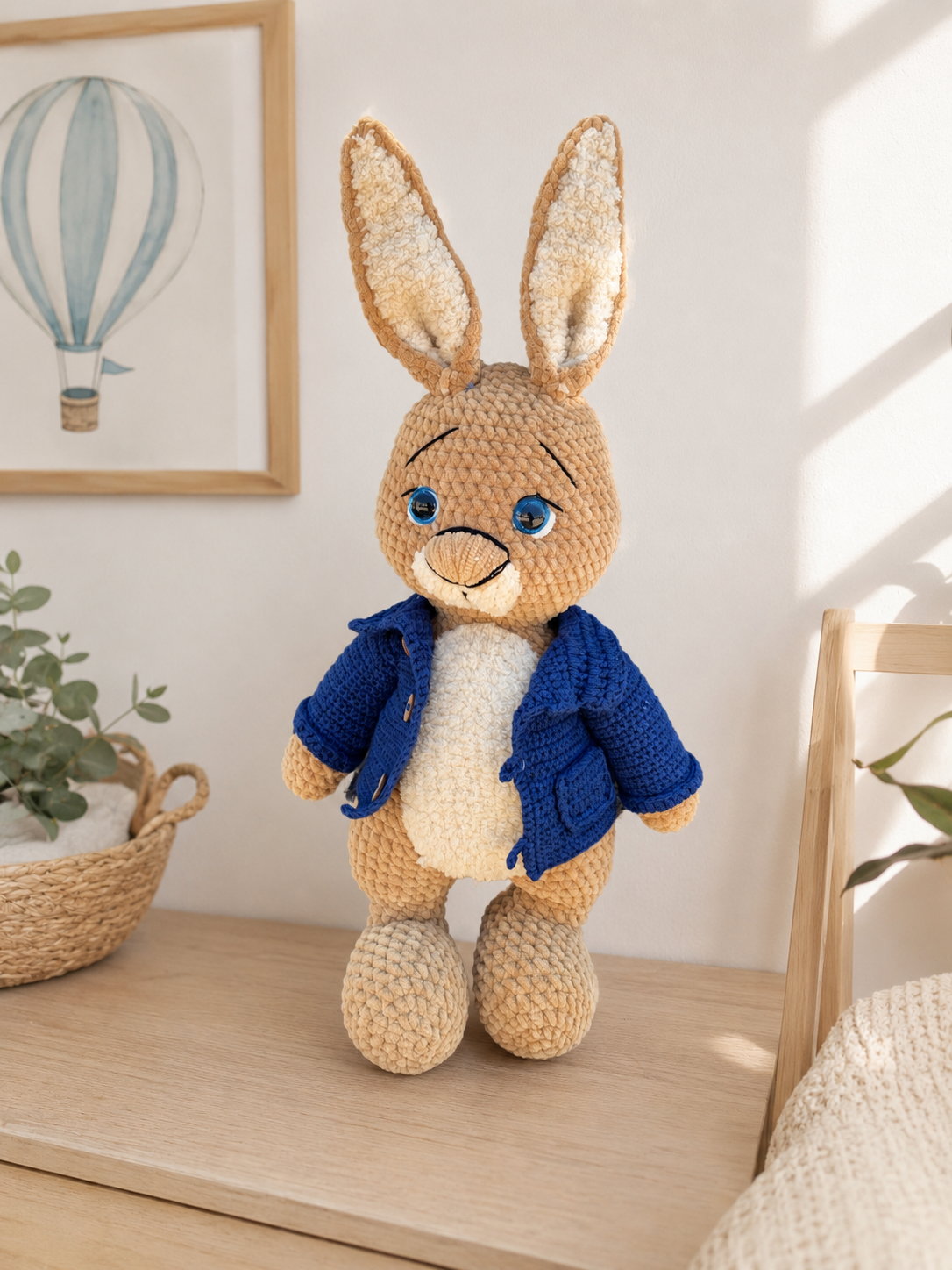 El Yapımı Amigurumi Kadife İp Uzun Kulaklı Ceketli Tavşan Oyuncak 52 cm