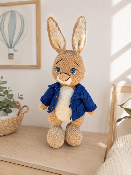 El Yapımı Amigurumi Kadife İp Uzun Kulaklı Ceketli Tavşan Oyuncak 52 cm