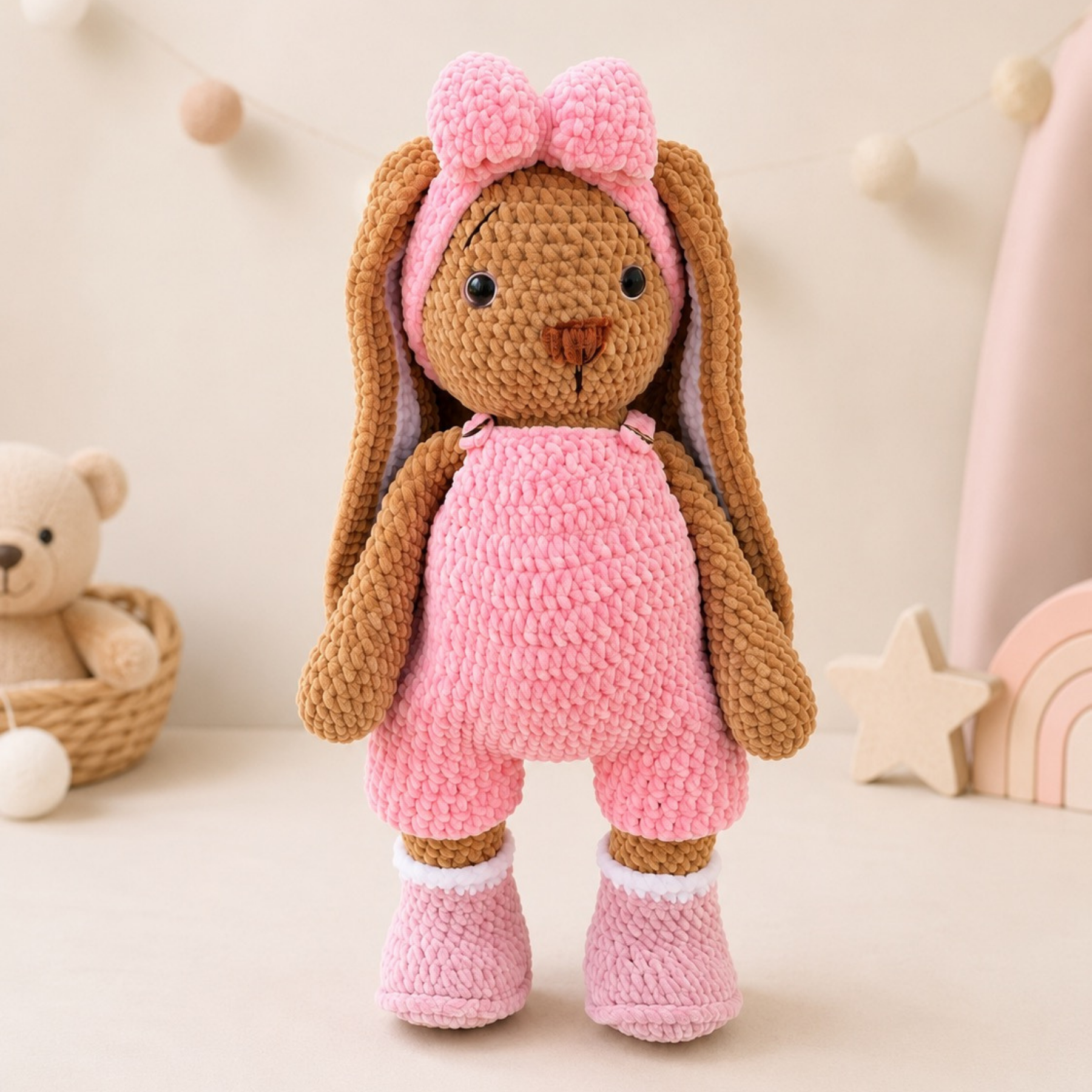 49 cm El Yapımı Kadife Amigurumi Uzun Kulaklı Tavşan Oyuncağı
