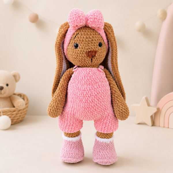 49 cm El Yapımı Kadife Amigurumi Uzun Kulaklı Tavşan Oyuncağı